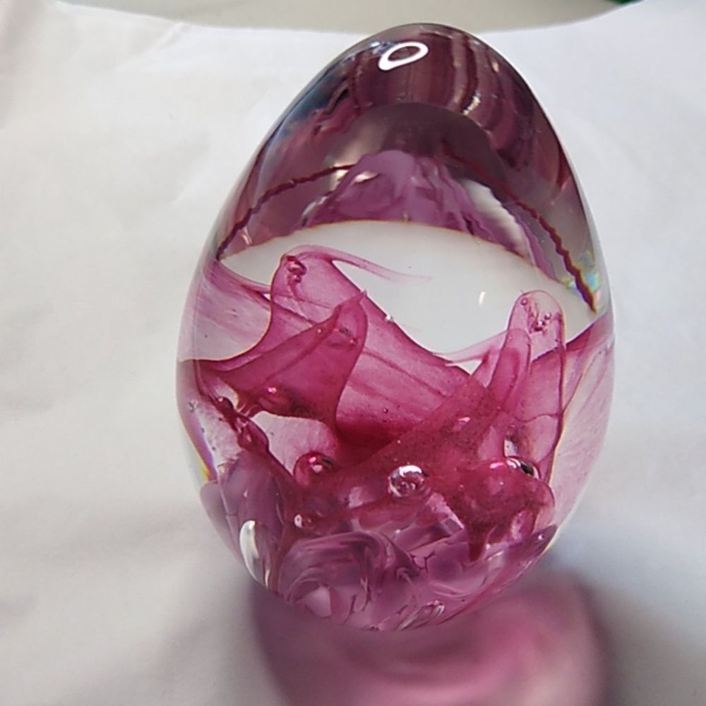 Paperweight Art Glass Floating Flowers Egg Shaped Signed Roger Vines 1990's